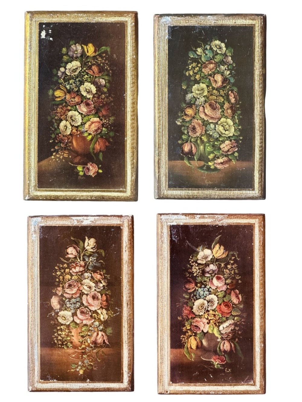 4 Vintage Italian Florentine Wood Plaques Flemish School Flowers Gold Gilded Set